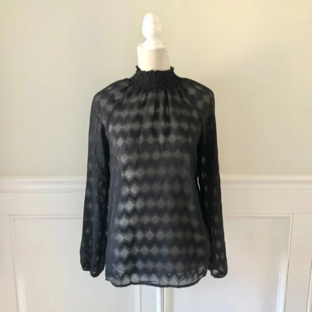 Mossimo Mock Neck Sheer Chevron Long Sleeve Black Blouse XS